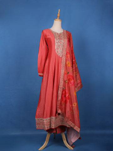 Crimson Red Floral Print Sequins Embellishment Semi Silk Salwar Suit - Diadem