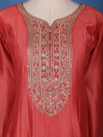 Crimson Red Floral Print Sequins Embellishment Semi Silk Salwar Suit - Diadem