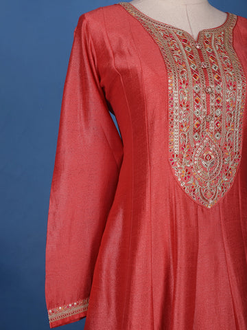 Crimson Red Floral Print Sequins Embellishment Semi Silk Salwar Suit - Diadem