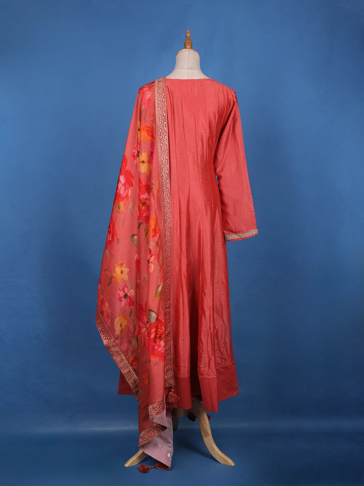 Crimson Red Floral Print Sequins Embellishment Semi Silk Salwar Suit - Diadem