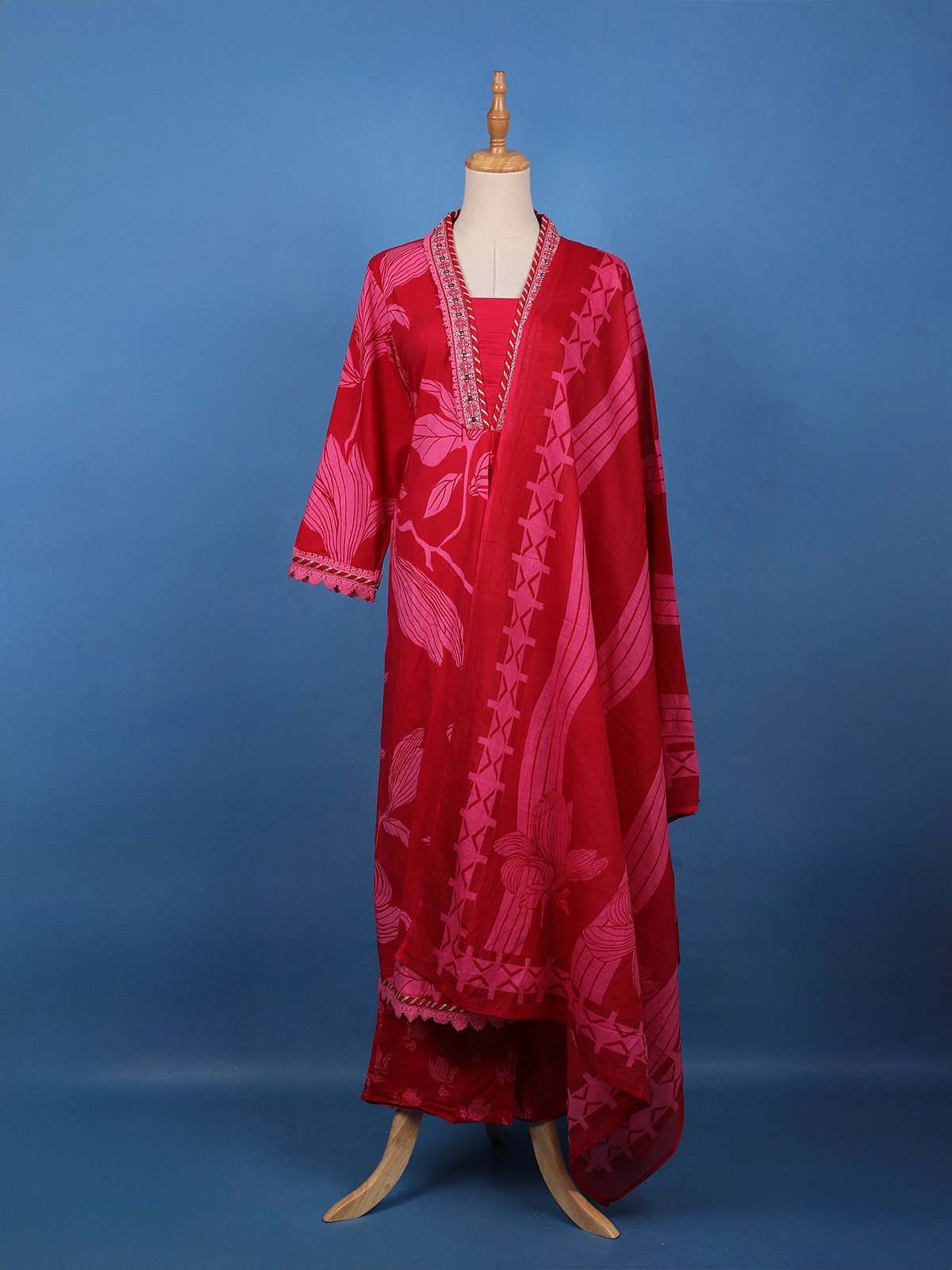 Crimson Red Floral Printed Cotton Salwar Suit Set - Diadem