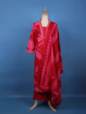 Crimson Red Floral Printed Cotton Salwar Suit Set - Diadem