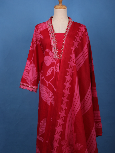 Crimson Red Floral Printed Cotton Salwar Suit Set - Diadem