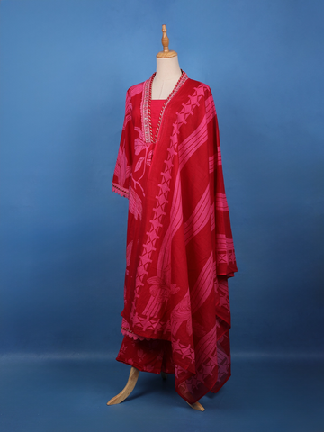 Crimson Red Floral Printed Cotton Salwar Suit Set - Diadem