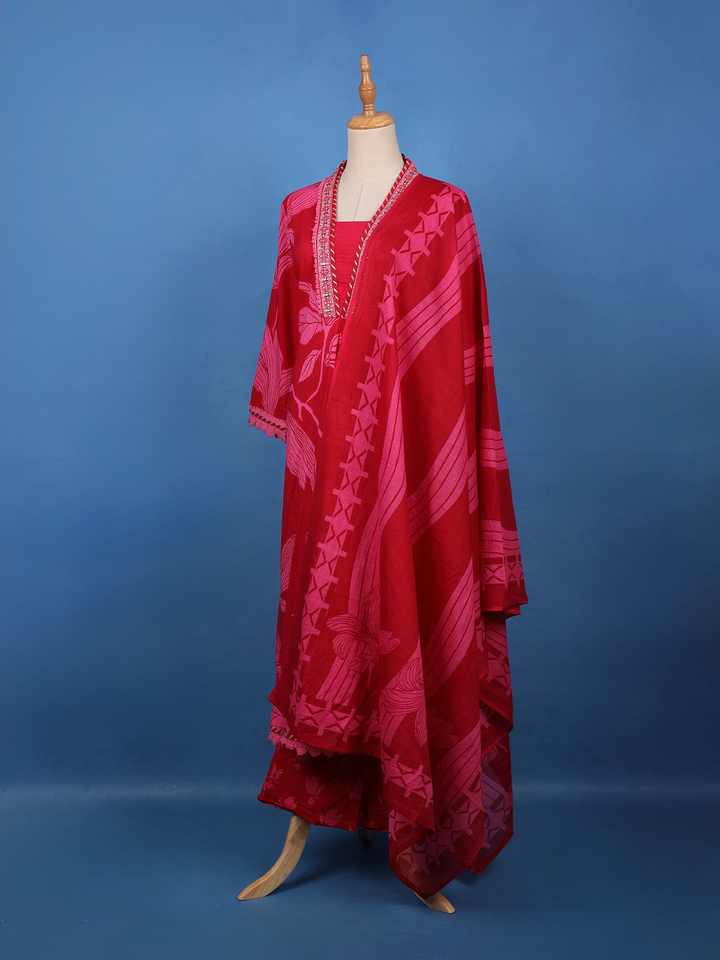 Crimson Red Floral Printed Cotton Salwar Suit Set - Diadem