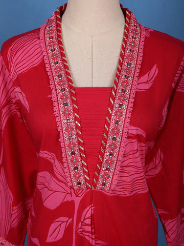 Crimson Red Floral Printed Cotton Salwar Suit Set - Diadem