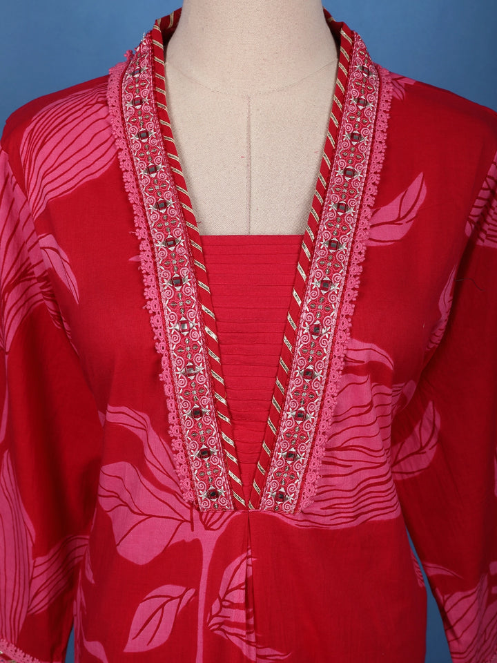 Crimson Red Floral Printed Cotton Salwar Suit Set - Diadem