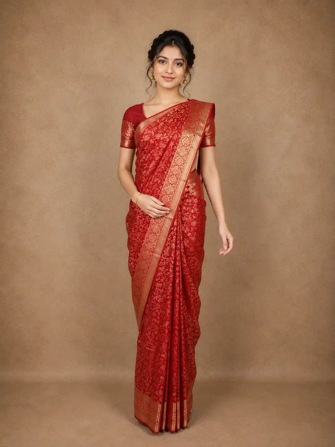 Crimson Red Floral Zari Woven Design Kanchipuram Silk Saree