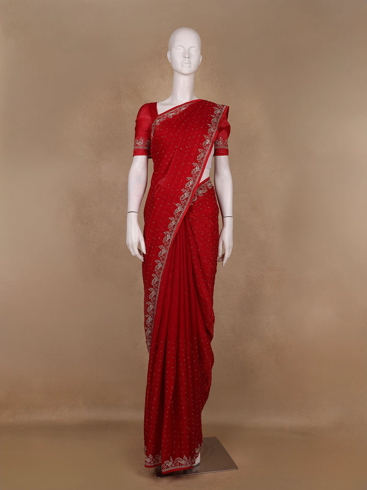 Crimson Red Stone Worked Satin Saree - Diadem