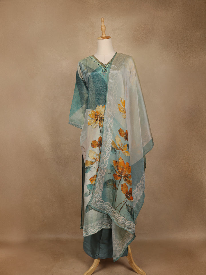 Cyan Blue Floral Printed Cotton Salwar Suit with Dupatta - Diadem
