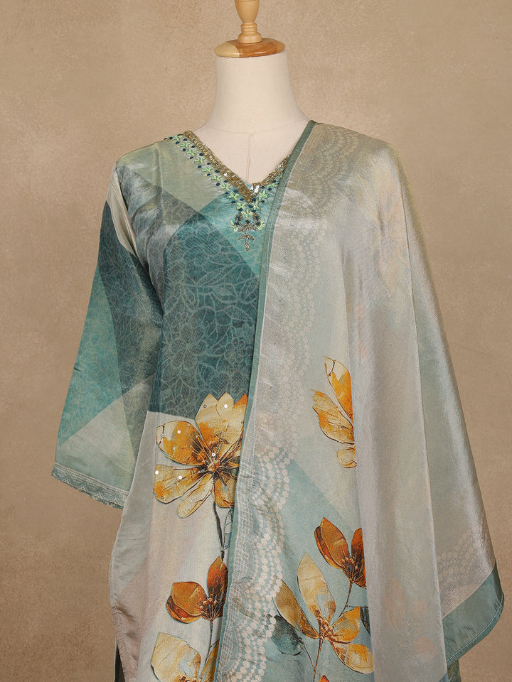 Cyan Blue Floral Printed Cotton Salwar Suit with Dupatta - Diadem