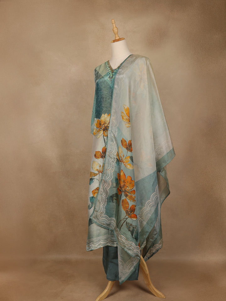 Cyan Blue Floral Printed Cotton Salwar Suit with Dupatta - Diadem