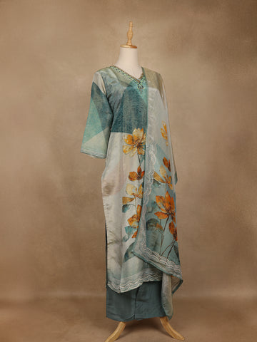 Cyan Blue Floral Printed Cotton Salwar Suit with Dupatta - Diadem