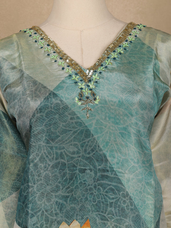 Cyan Blue Floral Printed Cotton Salwar Suit with Dupatta - Diadem