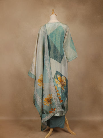 Cyan Blue Floral Printed Cotton Salwar Suit with Dupatta - Diadem