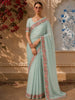 Cyan Blue Floral and Birds Motif Thread Embroidered Design Chiffon Fancy Saree with Floral Border