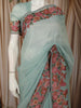 Cyan Blue Floral and Birds Motif Thread Embroidered Design Chiffon Fancy Saree with Floral Border