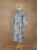 Cyan Blue Leaf Design Printed Cotton Kurti