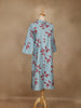 Cyan Blue Leaf Design Printed Cotton Kurti