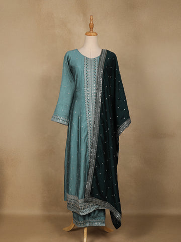 Cyan Blue Floral Embroidered Georgette Salwar Suit - Diadem