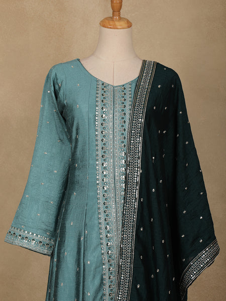 Cyan Blue Floral Embroidered Georgette Salwar Suit - Diadem