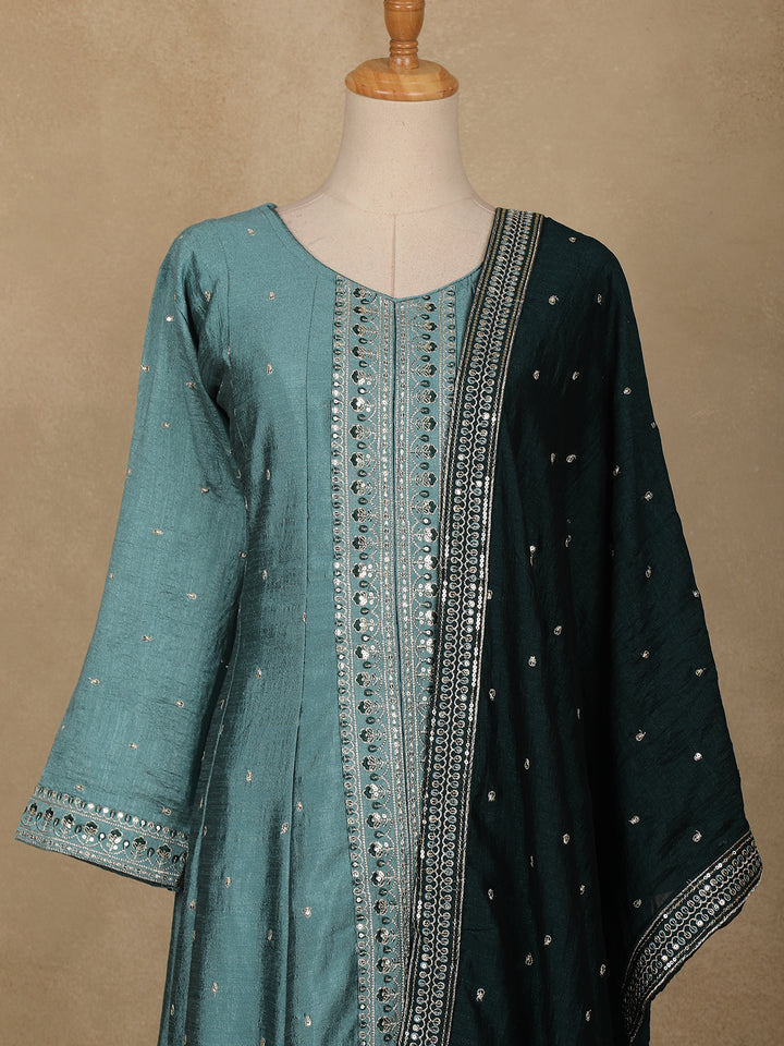 Cyan Blue Floral Embroidered Georgette Salwar Suit - Diadem