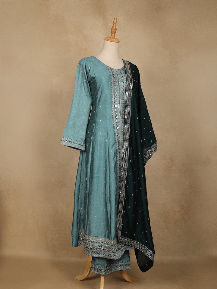 Cyan Blue Floral Embroidered Georgette Salwar Suit - Diadem
