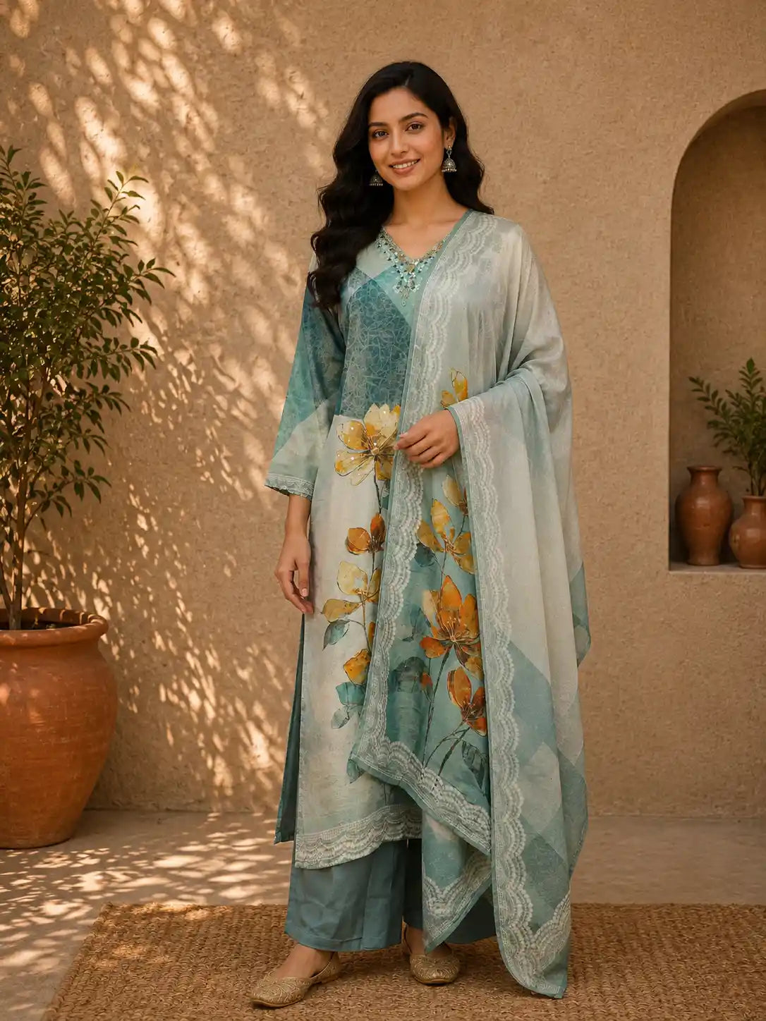 Cyan Blue Floral Printed Cotton Salwar Suit with Dupatta