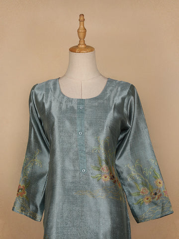 Cyan Blue Floral Printed Semi Silk Kurti - Diadem