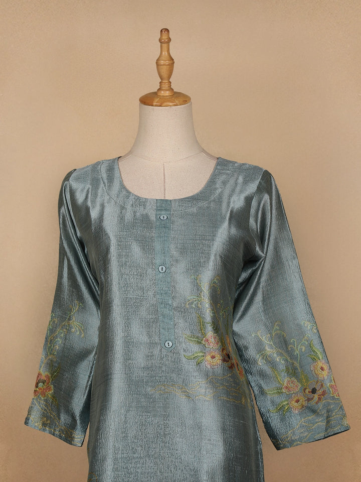 Cyan Blue Floral Printed Semi Silk Kurti - Diadem