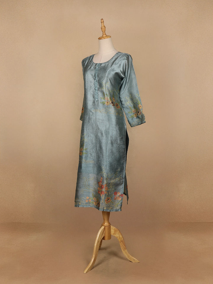 Cyan Blue Floral Printed Semi Silk Kurti - Diadem