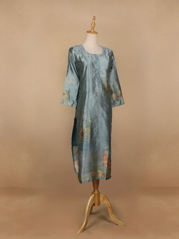Cyan Blue Floral Printed Semi Silk Kurti - Diadem