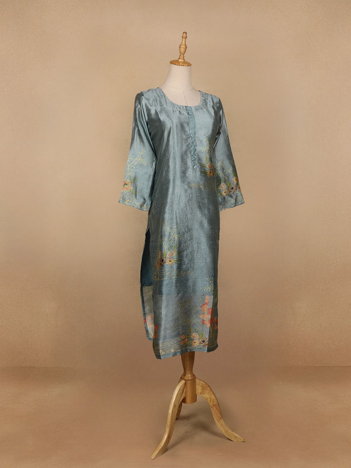 Cyan Blue Floral Printed Semi Silk Kurti - Diadem