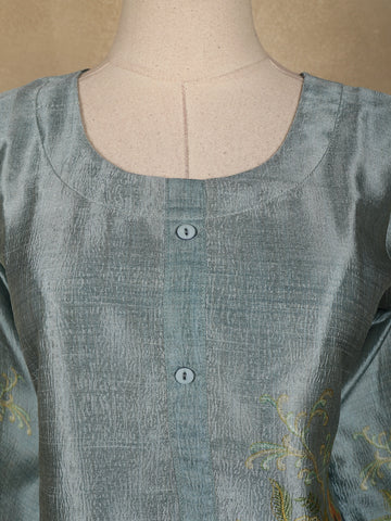 Cyan Blue Floral Printed Semi Silk Kurti - Diadem