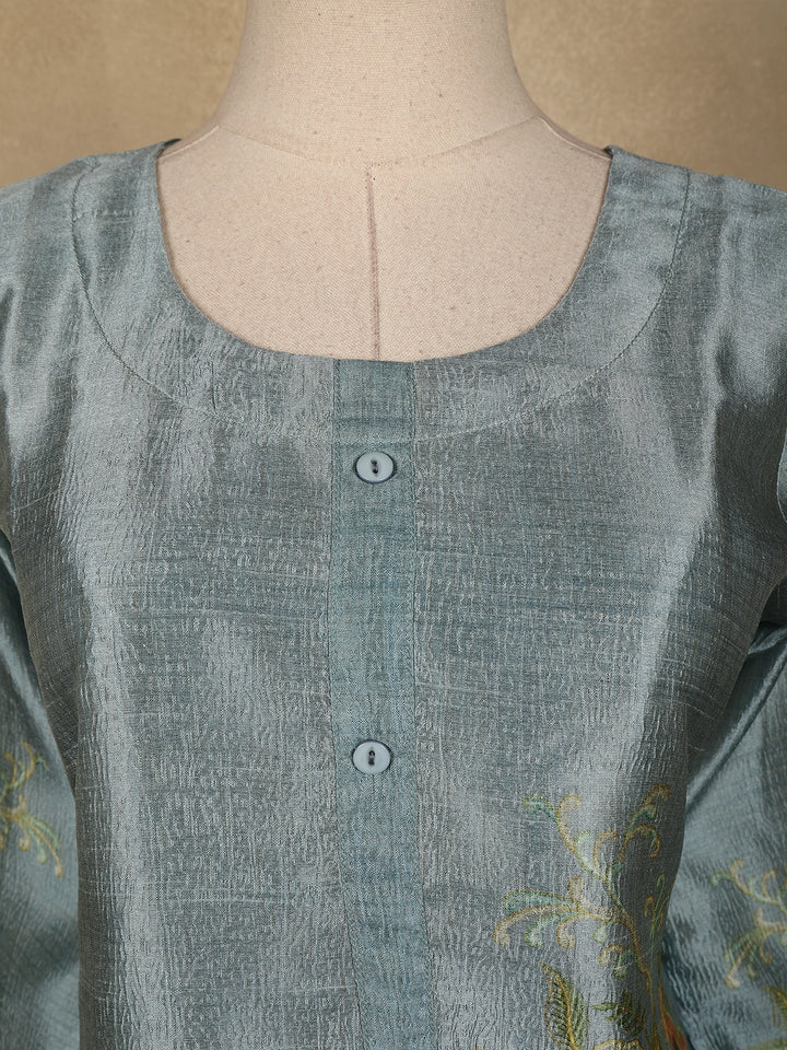 Cyan Blue Floral Printed Semi Silk Kurti - Diadem