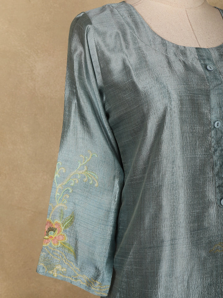 Cyan Blue Floral Printed Semi Silk Kurti - Diadem