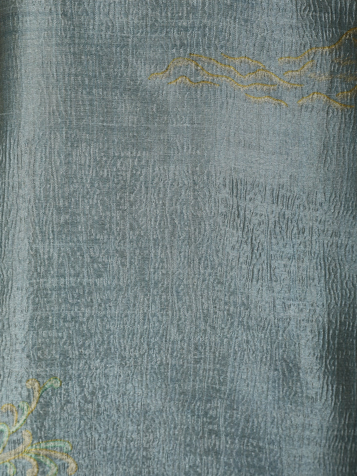 Cyan Blue Floral Printed Semi Silk Kurti - Diadem