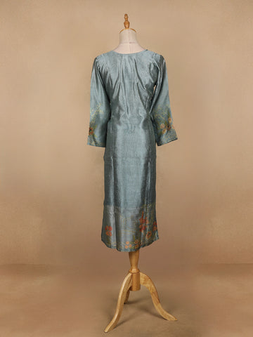 Cyan Blue Floral Printed Semi Silk Kurti - Diadem