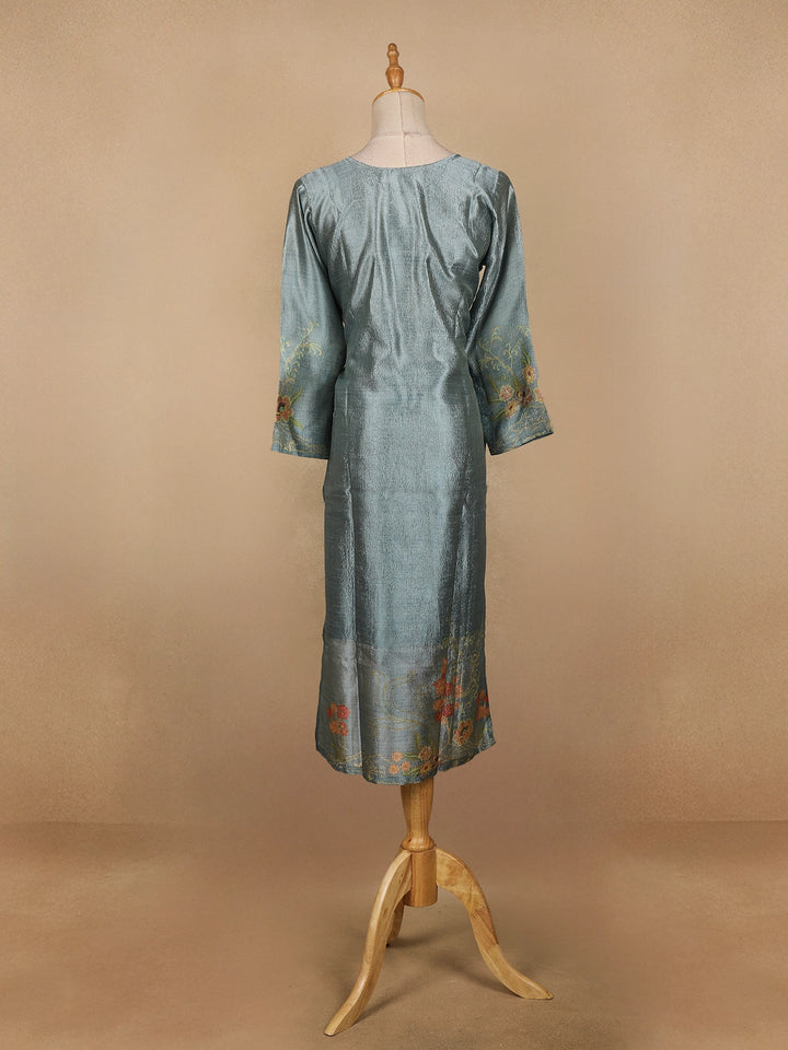 Cyan Blue Floral Printed Semi Silk Kurti - Diadem