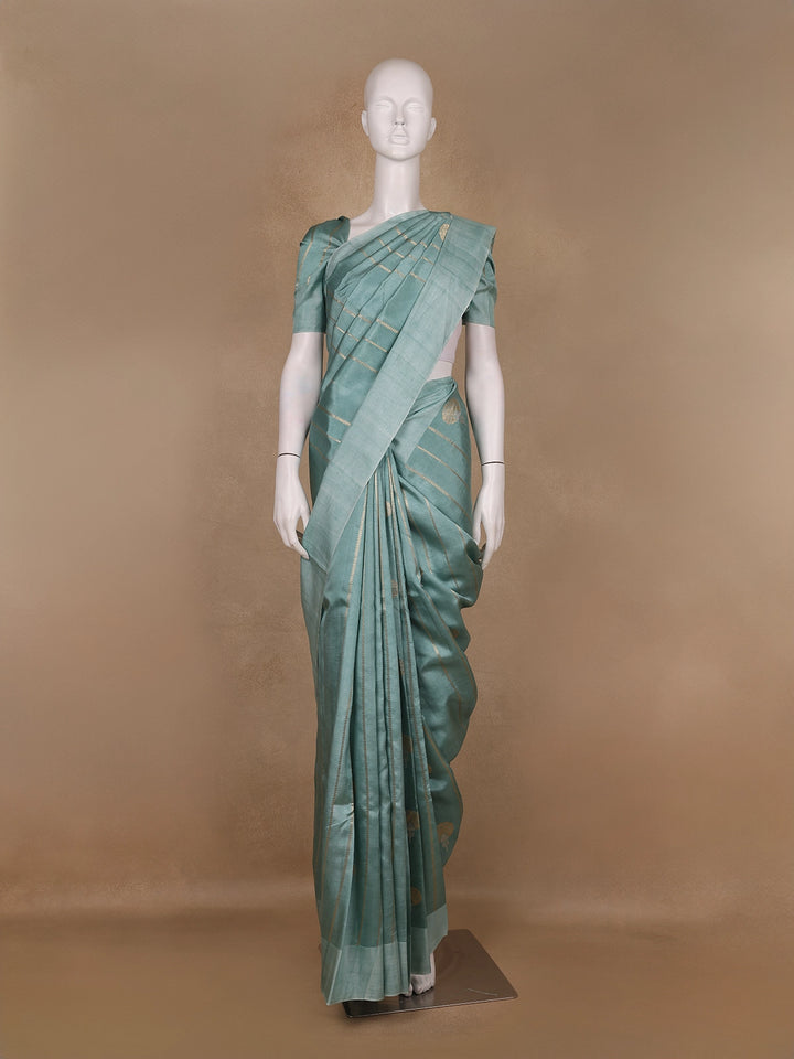 Cyan Blue Stripes woven Pure Tussar Silk Saree - Diadem