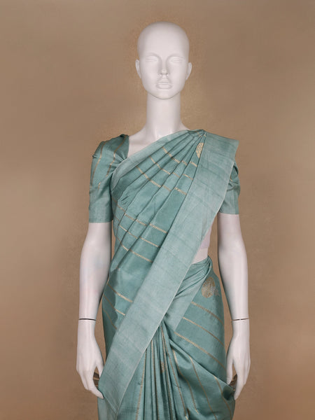 Cyan Blue Stripes woven Pure Tussar Silk Saree - Diadem
