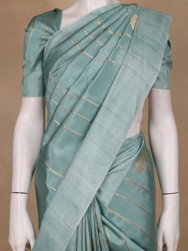 Cyan Blue Stripes woven Pure Tussar Silk Saree - Diadem