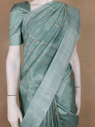 Cyan Blue Stripes woven Pure Tussar Silk Saree - Diadem