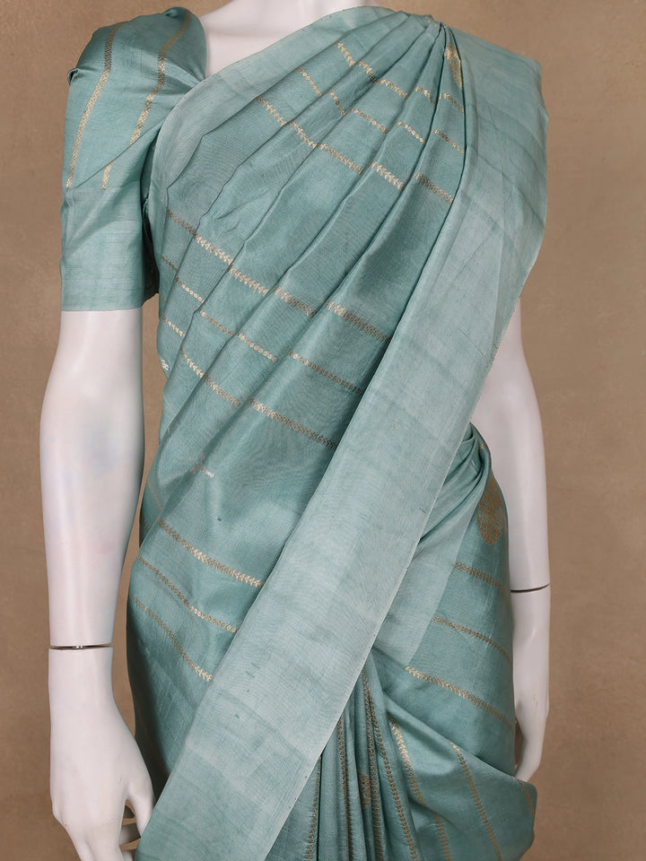 Cyan Blue Stripes woven Pure Tussar Silk Saree - Diadem