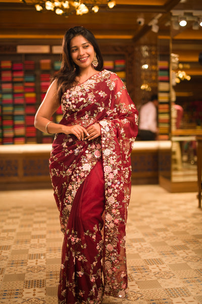 Soft Peach Pink Heavy Sequins Embroidered Design Net Fancy Saree with ...