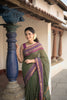 Dark Green Checked Design Cotton Saree with Purple Zari Border