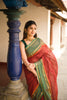 Rust Brown Checks Design Cotton Saree with Contrast Green Zari Woven Border