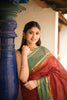 Rust Brown Checks Design Cotton Saree with Contrast Green Zari Woven Border