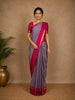 Dark Blue Checked Woven Pure Kanchipuram Silk Saree with Contrast Pink Zari Border