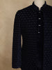 Dark Blue Geometric Beads Embroidered Design Velvet Men's Sherwani Suit